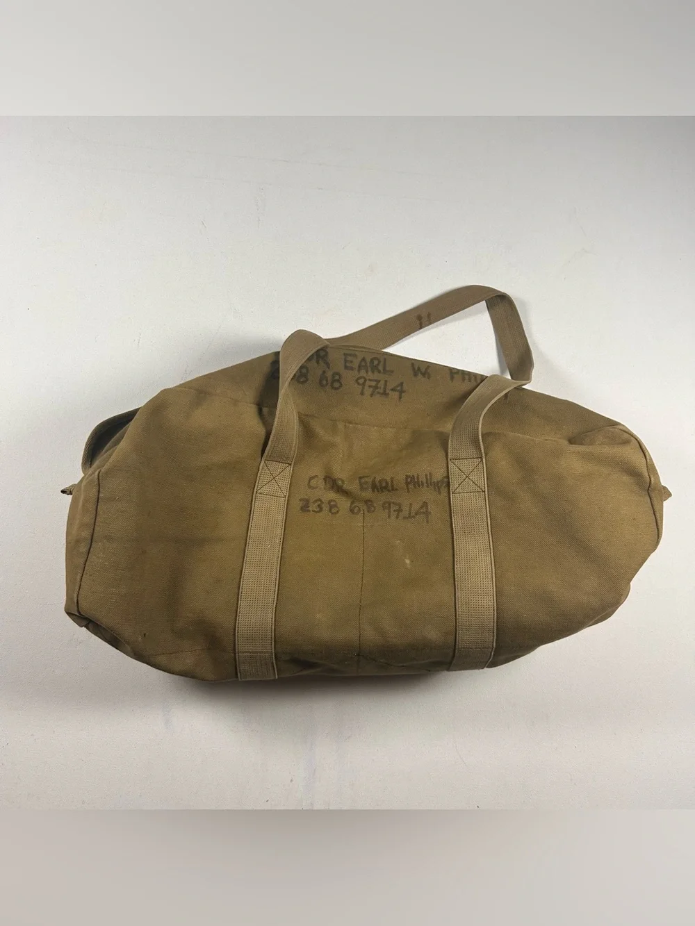 WWII USA USN Military Canvas Duffel Bag Double Strap Vintage Army Field Gear